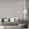Damask Flocked Velvet Feel Wallpaper, White, Light Gray  Deep 3D Embossed Quilted Texture Luxury Wallcovering, Non-Woven - Walloro Luxury Embossed Textured Wallpaper