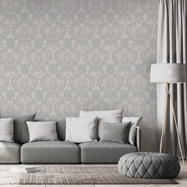 Damask Flocked Velvet Feel Wallpaper, White, Light Gray  Deep 3D Embossed Quilted Texture Luxury Wallcovering, Non-Woven - Walloro Luxury Embossed Textured Wallpaper