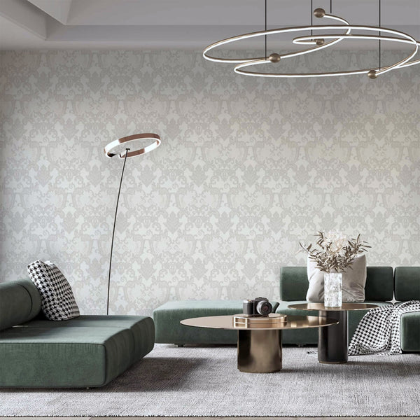 Damask Flocked Velvet Feel Wallpaper, White, Light Gray  Deep 3D Embossed Quilted Texture Luxury Wallcovering, Non-Woven - Walloro Luxury Embossed Textured Wallpaper