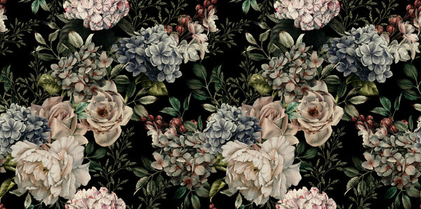 Floral Wallpaper, Dark Background Mural, Oversized Custom Size Wall Art, Non-Woven, Non-Adhesive, Modern Wall Paper, Removable