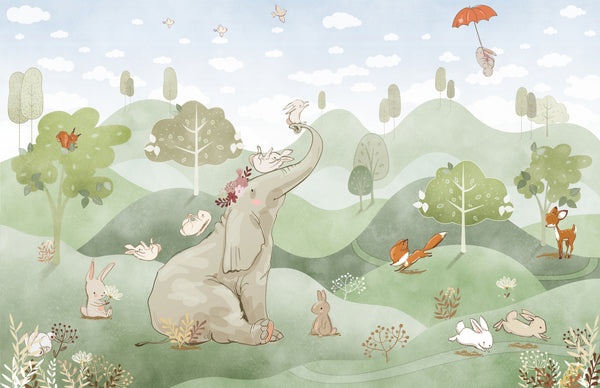 Forest Animals Wallpaper, Woodland Summer Mural, Oversized Custom Size Wall Art, Non-Woven, Non-Adhesive, Modern Wall Paper, Removable