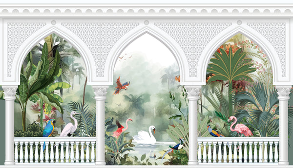 Garden Arch Wallpaper, Birds Mural, Oversized Custom Size Wall Art, Non-Woven, Non-Adhesive, Modern Wall Paper, Removable