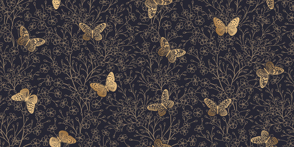 Gold Butterflies and Flowers Wallpaper, Black Background Mural, Oversized Custom Size Wall Art, Non-Woven, Non-Adhesive, Modern Wall Paper, Removable