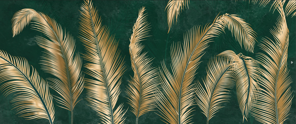 Golden Palm Leaves Wallpaper, Luxury Dark Green Art Background Mural, Oversized Custom Size Wall Art, Non-Woven, Non-Adhesive, Modern Wall Paper, Removable