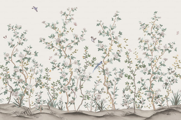 Chinoiserie Floral Blossoms Wall Mural, Ivory Botanical Tree Flowers Wallpaper, Custom Size Wall Covering, Non-Woven, Non-Adhesive, Removable, Washable - Walloro Luxury Embossed Textured Wallpaper