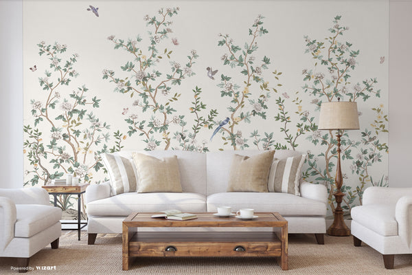 Chinoiserie Floral Blossoms Wall Mural, Ivory Botanical Tree Flowers Wallpaper, Custom Size Wall Covering, Non-Woven, Non-Adhesive, Removable, Washable - Walloro Luxury Embossed Textured Wallpaper