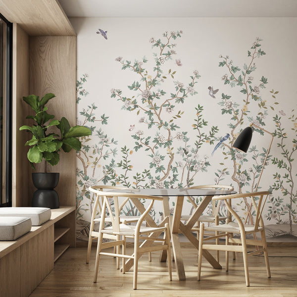 Chinoiserie Floral Blossoms Wall Mural, Ivory Botanical Tree Flowers Wallpaper, Custom Size Wall Covering, Non-Woven, Non-Adhesive, Removable, Washable - Walloro Luxury Embossed Textured Wallpaper