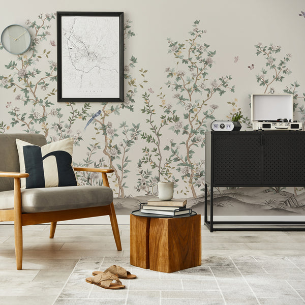 Chinoiserie Floral Blossoms Wall Mural, Ivory Botanical Tree Flowers Wallpaper, Custom Size Wall Covering, Non-Woven, Non-Adhesive, Removable, Washable - Walloro Luxury Embossed Textured Wallpaper