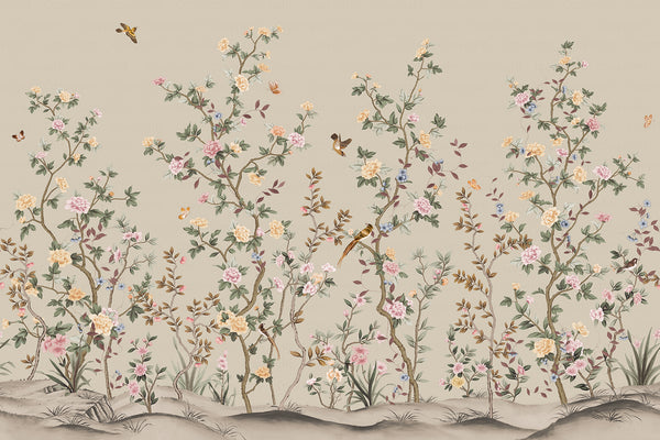 Chinoiserie Floral Blossoms Wall Mural, Green Botanical Tree Flowers Wallpaper, Custom Size Wall Covering, Non-Woven, Non-Adhesive, Removable, Washable - Walloro Luxury Embossed Textured Wallpaper