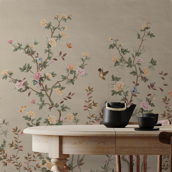 Chinoiserie Floral Blossoms Wall Mural, Green Botanical Tree Flowers Wallpaper, Custom Size Wall Covering, Non-Woven, Non-Adhesive, Removable, Washable - Walloro Luxury Embossed Textured Wallpaper
