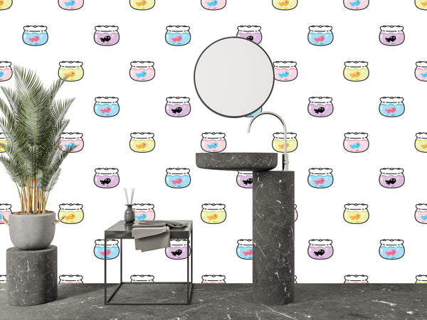 Goldfishes Doodle Wallpaper, Seamless Pattern Mural, Oversized Custom Size Wall Art, Non-Woven, Non-Adhesive, Modern Wall Paper, Removable