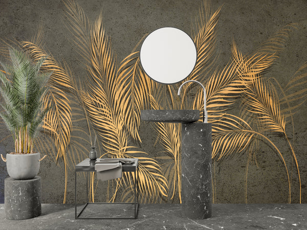 Gold Palm Leaves Wallpaper, Tropical Mural, Oversized Custom Size Wall Art, Non-Woven, Non-Adhesive, Modern Wall Paper, Removable