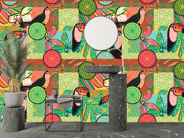 Fun Tropical Wallpaper, Toucan and Amazon Motives Mural, Oversized Custom Size Wall Art, Non-Woven, Non-Adhesive, Modern Wall Paper, Removable