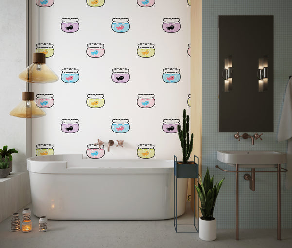 Goldfishes Doodle Wallpaper, Seamless Pattern Mural, Oversized Custom Size Wall Art, Non-Woven, Non-Adhesive, Modern Wall Paper, Removable