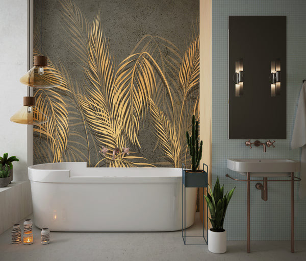 Gold Palm Leaves Wallpaper, Tropical Mural, Oversized Custom Size Wall Art, Non-Woven, Non-Adhesive, Modern Wall Paper, Removable