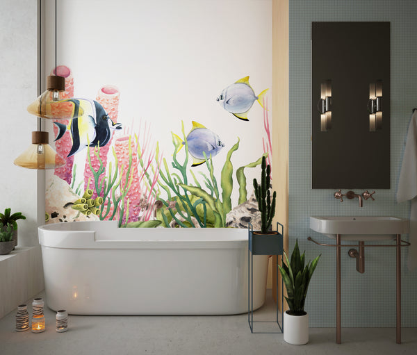 Fishes and Corals Wallpaper, White Background Mural, Oversized Custom Size Wall Art, Non-Woven, Non-Adhesive, Modern Wall Paper, Removable