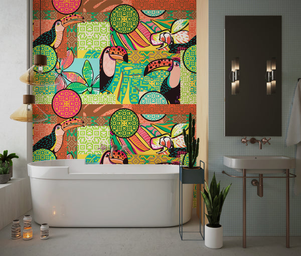 Fun Tropical Wallpaper, Toucan and Amazon Motives Mural, Oversized Custom Size Wall Art, Non-Woven, Non-Adhesive, Modern Wall Paper, Removable