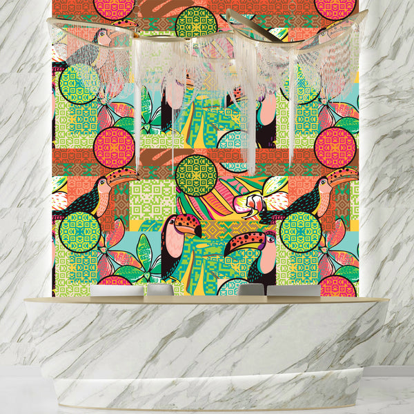 Fun Tropical Wallpaper, Toucan and Amazon Motives Mural, Oversized Custom Size Wall Art, Non-Woven, Non-Adhesive, Modern Wall Paper, Removable