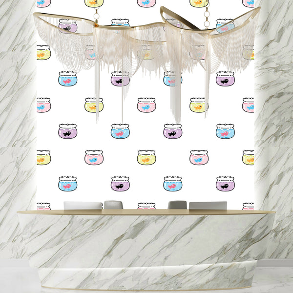 Goldfishes Doodle Wallpaper, Seamless Pattern Mural, Oversized Custom Size Wall Art, Non-Woven, Non-Adhesive, Modern Wall Paper, Removable