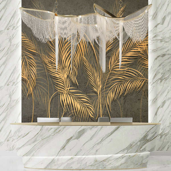 Gold Palm Leaves Wallpaper, Tropical Mural, Oversized Custom Size Wall Art, Non-Woven, Non-Adhesive, Modern Wall Paper, Removable