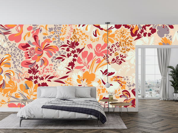 Floral Red and Yellow Wallpaper, Seamless Pattern Mural, Oversized Custom Size Wall Art, Non-Woven, Non-Adhesive, Modern Wall Paper, Removable