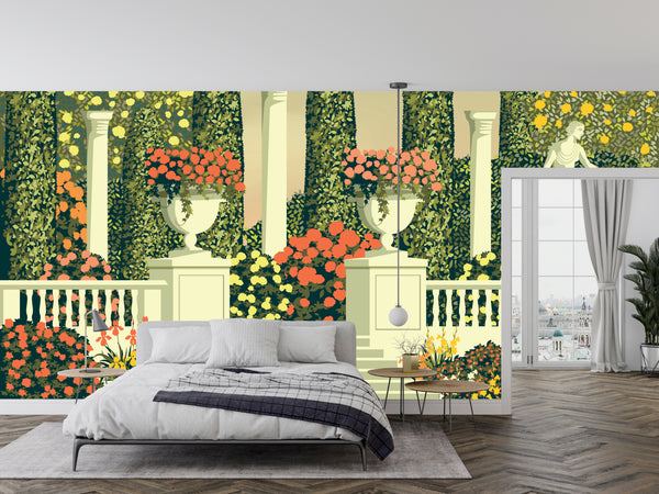 Flower Beds Wallpaper, Terrace in the Park Mural, Oversized Custom Size Wall Art, Non-Woven, Non-Adhesive, Modern Wall Paper, Removable