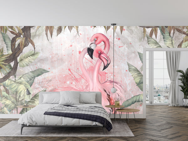 Flamingos Wallpaper, Fern Leaves Mural, Oversized Custom Size Wall Art, Non-Woven, Non-Adhesive, Modern Wall Paper, Removable
