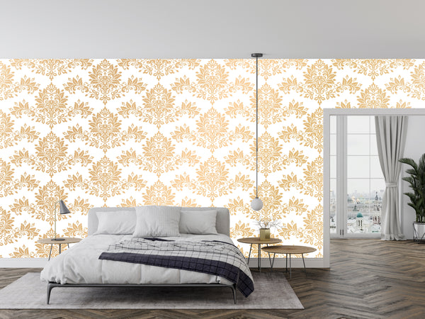 Gold Damask Wallpaper, Seamless Pattern Mural, Oversized Custom Size Wall Art, Non-Woven, Non-Adhesive, Modern Wall Paper, Removable