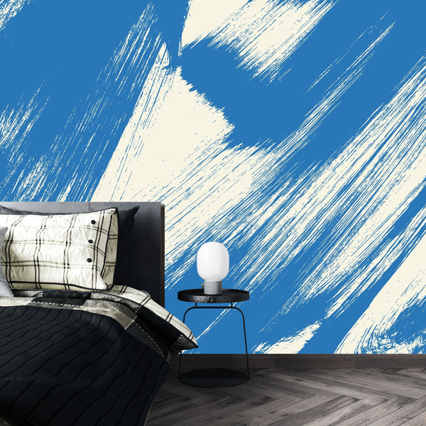 Grainy Blue Wallpaper, Brush Stroke Mural, Oversized Custom Size Wall Art, Non-Woven, Non-Adhesive, Modern Wall Paper, Removable