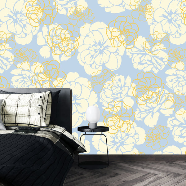 Flowers, Light Blue Wallpaper, Seamless Pattern Mural, Oversized Custom Size Wall Art, Non-Woven, Non-Adhesive, Modern Wall Paper, Removable