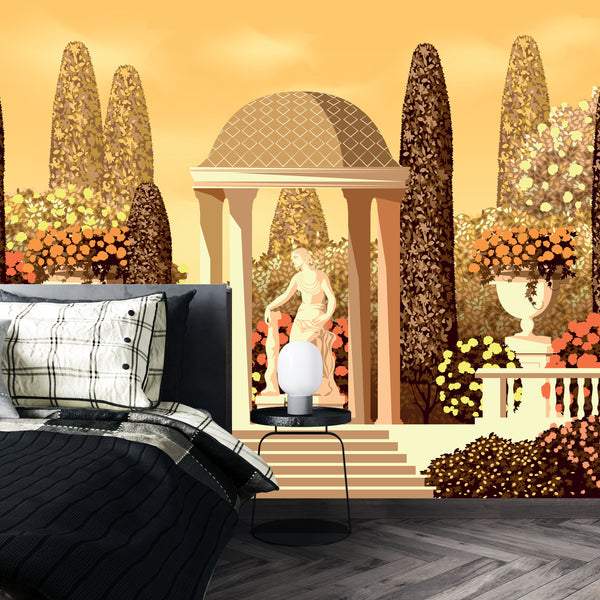 Flower Garden Wallpaper, Terrace in the Park Mural, Oversized Custom Size Wall Art, Non-Woven, Non-Adhesive, Modern Wall Paper, Removable