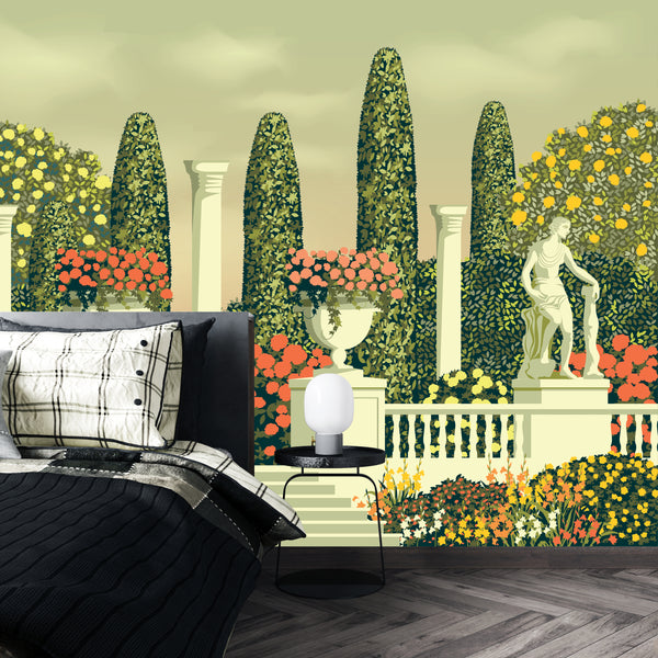 Flower Beds Wallpaper, Terrace in the Park Mural, Oversized Custom Size Wall Art, Non-Woven, Non-Adhesive, Modern Wall Paper, Removable