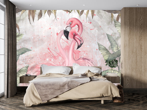 Flamingos Wallpaper, Fern Leaves Mural, Oversized Custom Size Wall Art, Non-Woven, Non-Adhesive, Modern Wall Paper, Removable