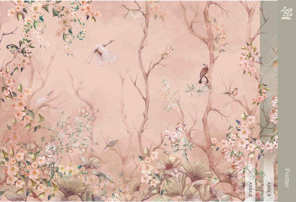 Birds Trees Nature Scene Wallpaper, Tropical Botanical Wall Mural, Pink Customized Wallpaper, Home Decor, Bedroom, Store, Forest Large Wall Art - Walloro High End Wallcoverings & More