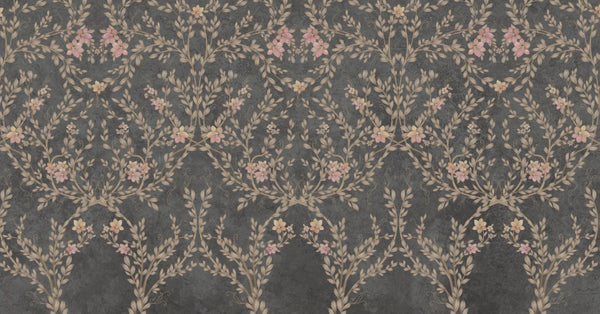 Blossom Chinoiserie Floral Wall Mural, Flower Bloom Gray Wallpaper, Large Botanical Customized Wall Art, Non-Woven, Non-Adhesive, Removable - Walloro High End Wallcoverings & More