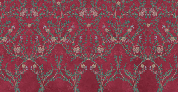 Blossom Chinoiserie Floral Wall Mural, Flower Bloom Red Wallpaper, Large Botanical Customized Wall Art, Non-Woven, Non-Adhesive, Removable - Walloro High End Wallcoverings & More