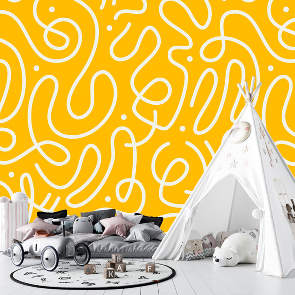 Fun Line Doodle Wallpaper, Seamless Pattern Mural, Oversized Custom Size Wall Art, Non-Woven, Non-Adhesive, Modern Wall Paper, Removable