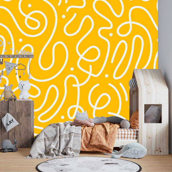 Fun Line Doodle Wallpaper, Seamless Pattern Mural, Oversized Custom Size Wall Art, Non-Woven, Non-Adhesive, Modern Wall Paper, Removable