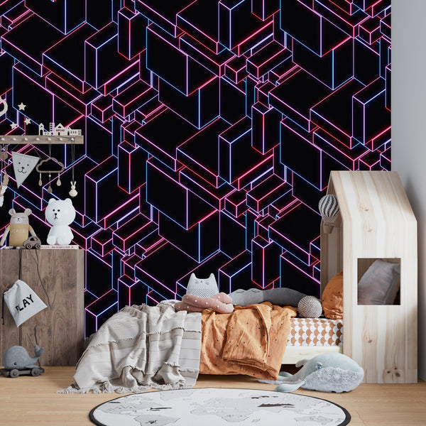 Glowing Futuristic Wallpaper, Abstract Geometric Mural, Oversized Custom Size Wall Art, Non-Woven, Non-Adhesive, Modern Wall Paper, Removable