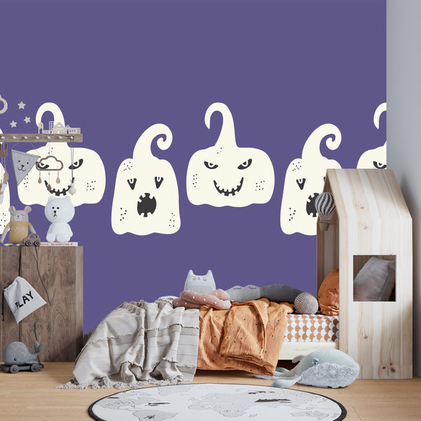 Ghosts, Purple Background Wallpaper, Seamless Pattern Mural, Oversized Custom Size Wall Art, Non-Woven, Non-Adhesive, Modern Wall Paper, Removable
