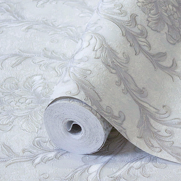 Damask Deep Embossed Wallpaper, Light Gray, White Luxury 3D Non-Pasted Wallcovering, Shimmering, Traditional Non-Woven Wall Decor - Walloro High End Wallcoverings & More