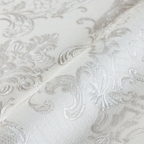 Damask Flocked Velvet Feel Wallpaper, White, Light Gray Deep 3D Embossed Quilted Texture Luxury Wallcovering, Non-Woven - Walloro High End Wallcoverings & More