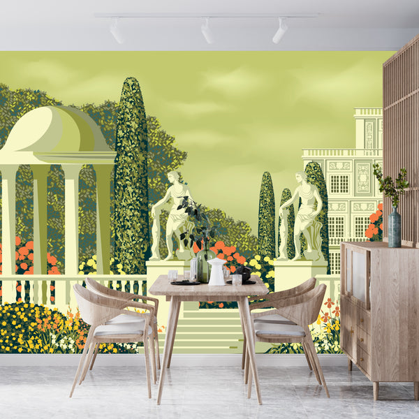 Flower Garden Wallpaper, Country House and Statues Mural, Oversized Custom Size Wall Art, Non-Woven, Non-Adhesive, Modern Wall Paper, Removable