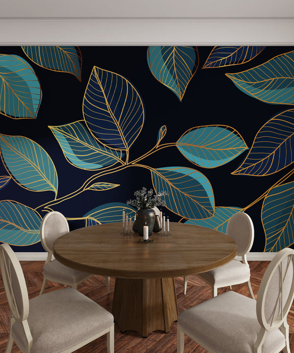 Gold Leaves Wallpaper, Black Background Mural, Oversized Custom Size Wall Art, Non-Woven, Non-Adhesive, Modern Wall Paper, Removable