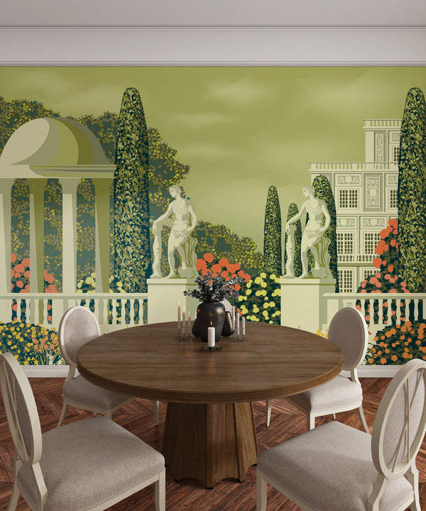 Flower Garden Wallpaper, Country House and Statues Mural, Oversized Custom Size Wall Art, Non-Woven, Non-Adhesive, Modern Wall Paper, Removable