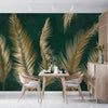 Golden Palm Leaves Wallpaper, Luxury Dark Green Art Background Mural, Oversized Custom Size Wall Art, Non-Woven, Non-Adhesive, Modern Wall Paper, Removable