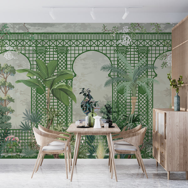 Garden and Peacock Wallpaper,Botanic and Lattice Wall Mural, Oversized Custom Size Wall Art, Non-Woven, Non-Adhesive, Modern Wall Paper, Removable