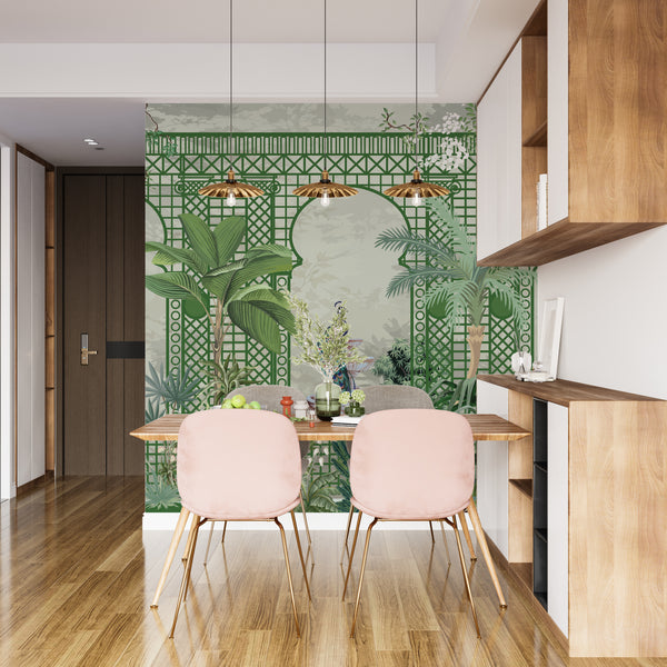 Garden and Peacock Wallpaper,Botanic and Lattice Wall Mural, Oversized Custom Size Wall Art, Non-Woven, Non-Adhesive, Modern Wall Paper, Removable