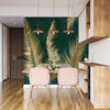 Golden Palm Leaves Wallpaper, Luxury Dark Green Art Background Mural, Oversized Custom Size Wall Art, Non-Woven, Non-Adhesive, Modern Wall Paper, Removable