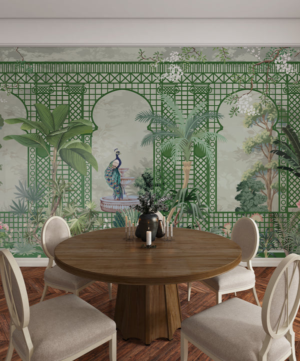 Garden and Peacock Wallpaper,Botanic and Lattice Wall Mural, Oversized Custom Size Wall Art, Non-Woven, Non-Adhesive, Modern Wall Paper, Removable